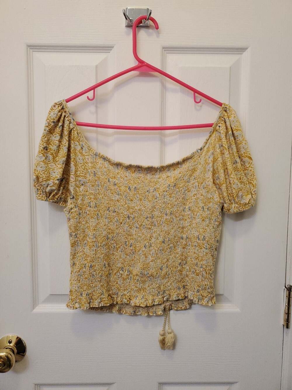 Lucky Brand Women's Beige Cotton Square-Neck Smocked Top Large Boho Cottagecore - Picture 5 of 5